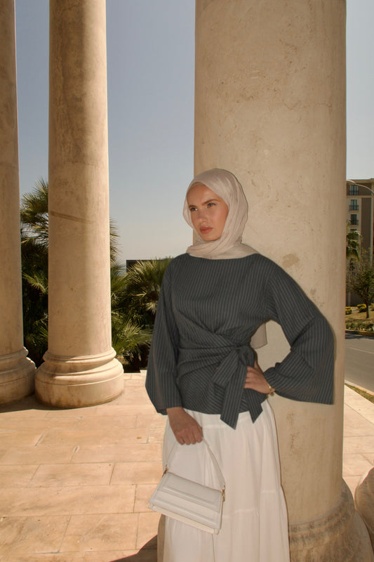 Bow Tie Blouse-Grey