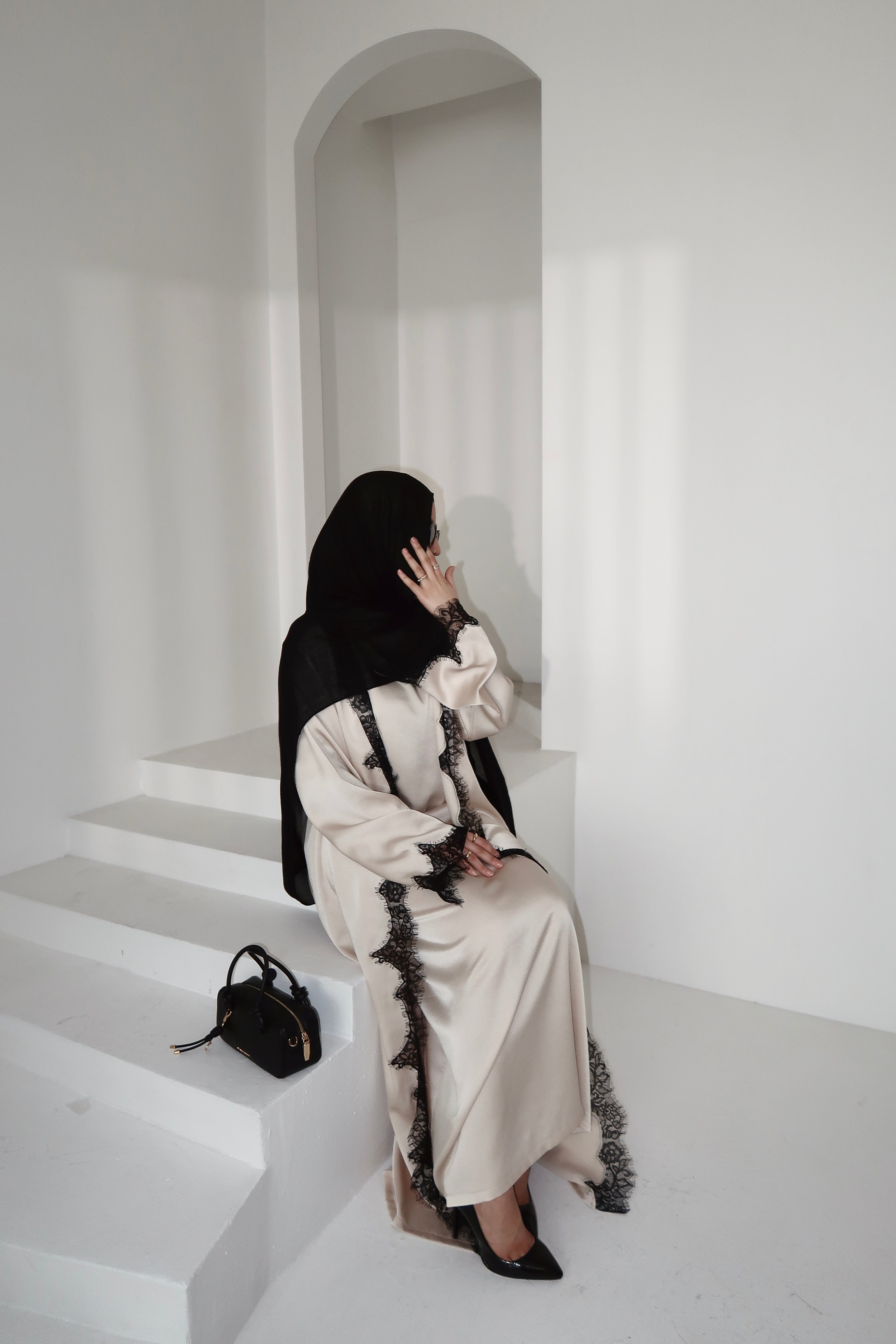 Lace Abaya Set-Beige