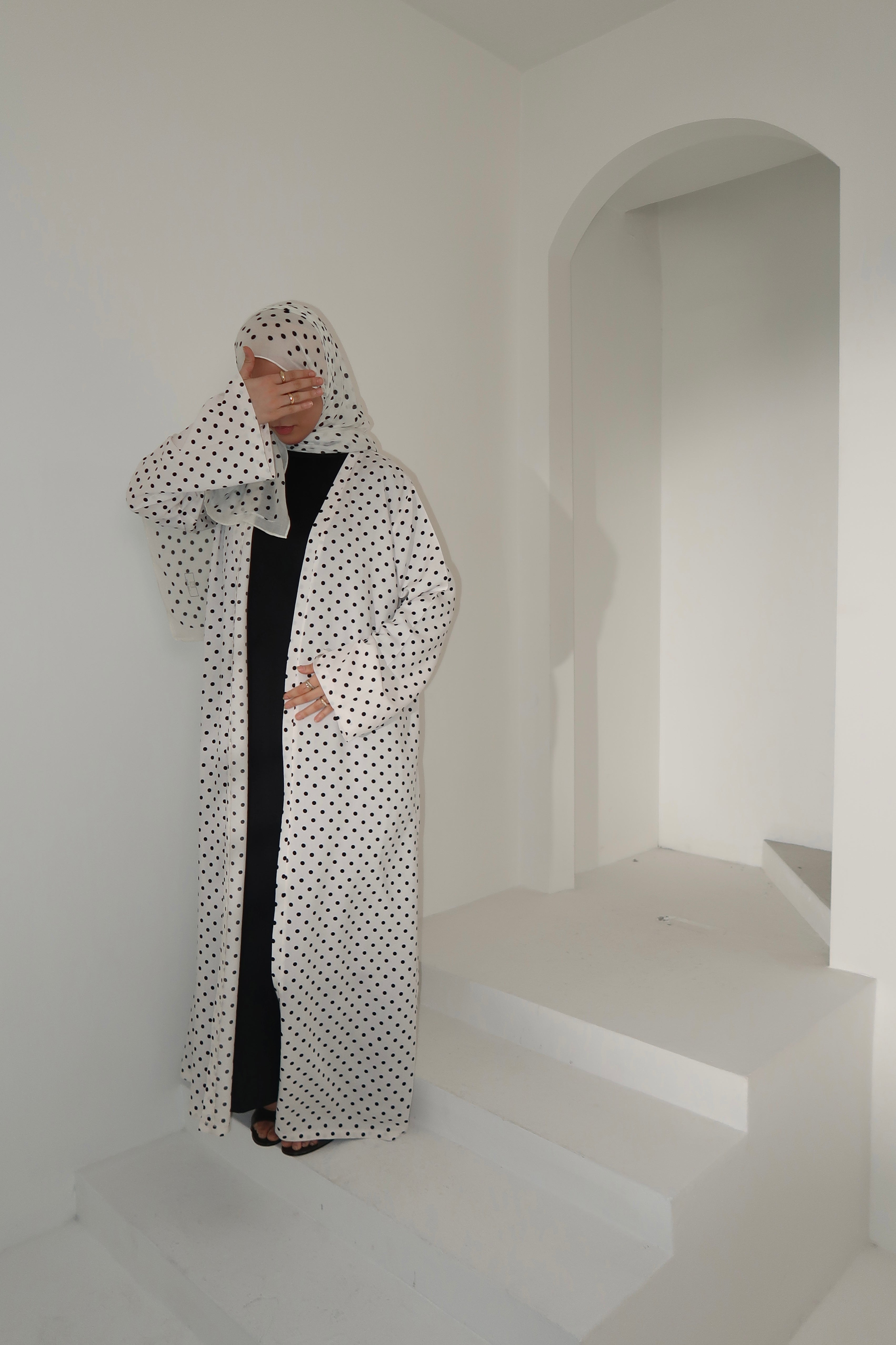 Polka Dot Abaya-White