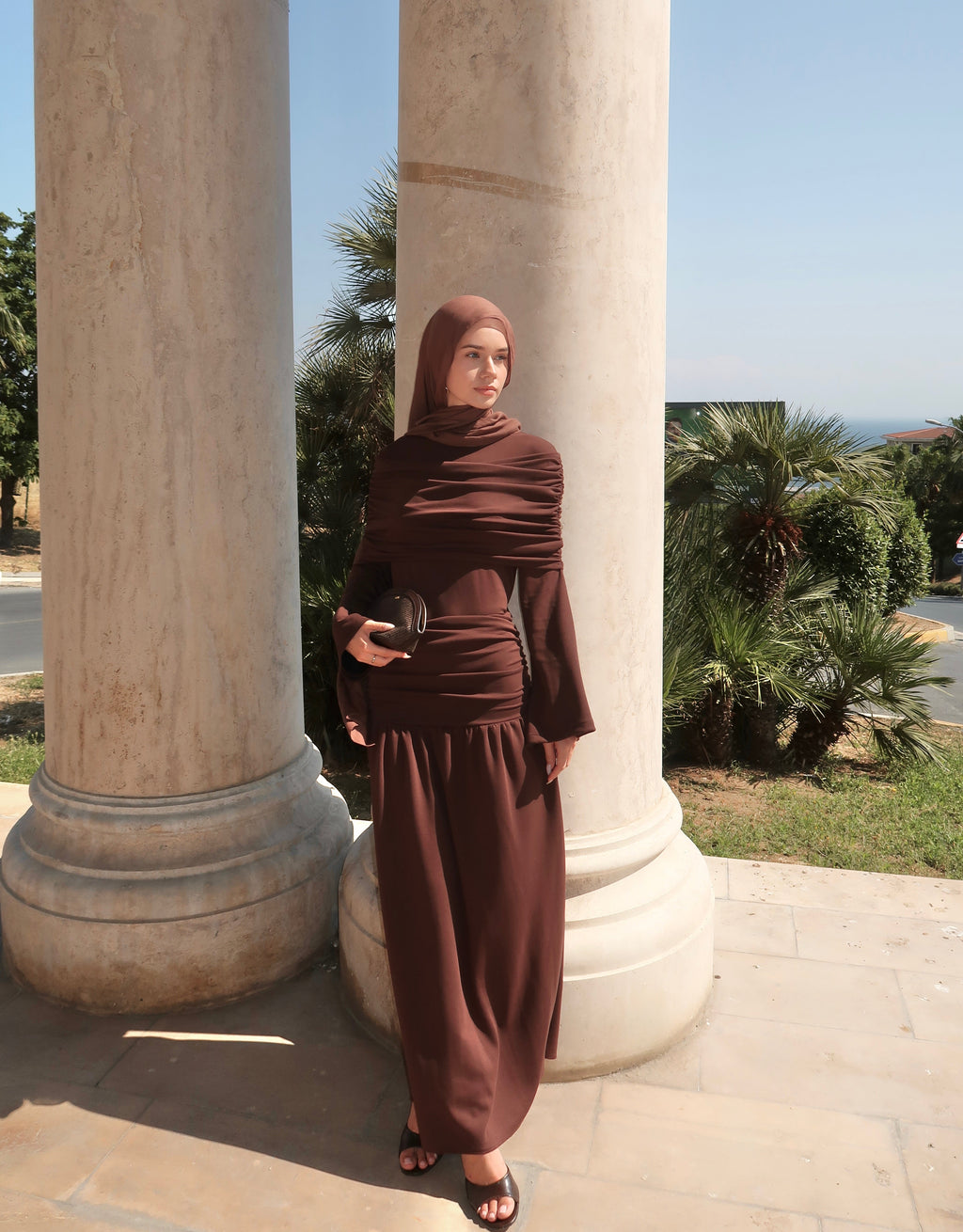 Ruched Maxi Skirt-Brown