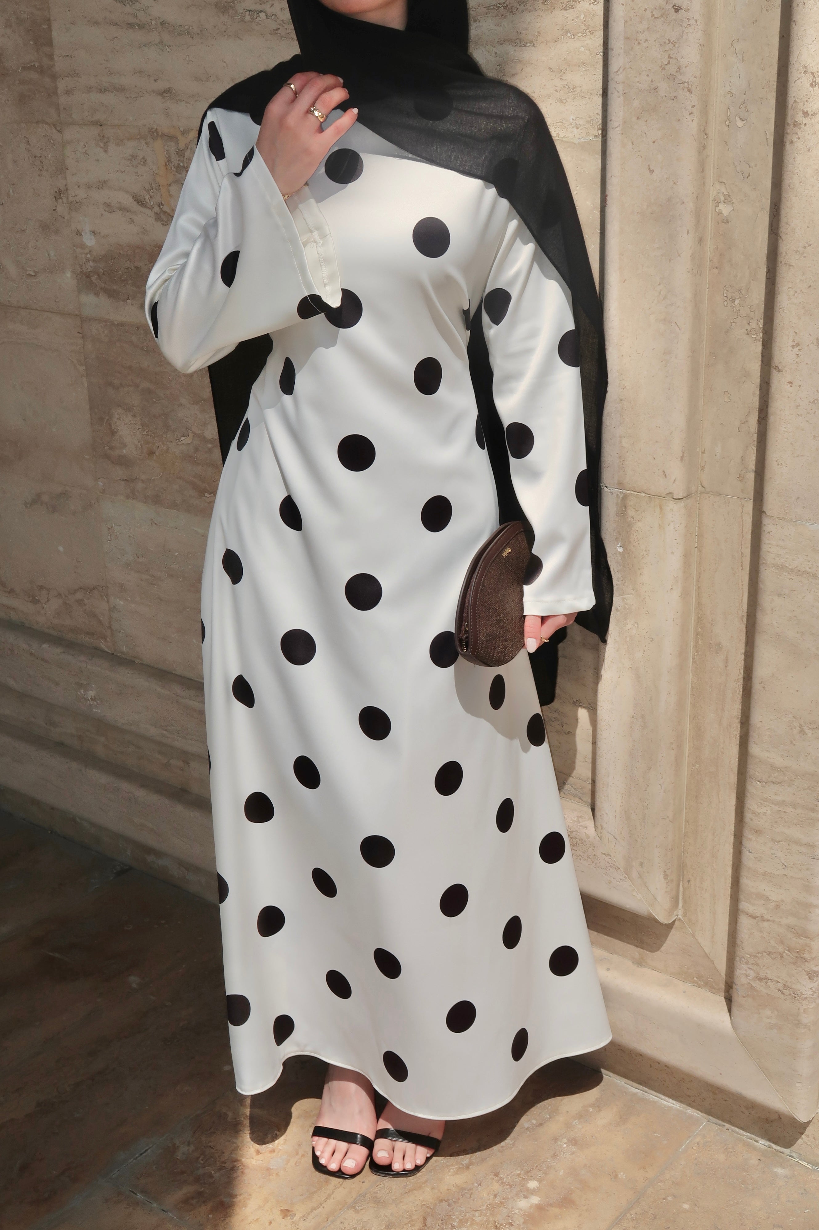 Polka Dot Maxi Dress-Beige S
