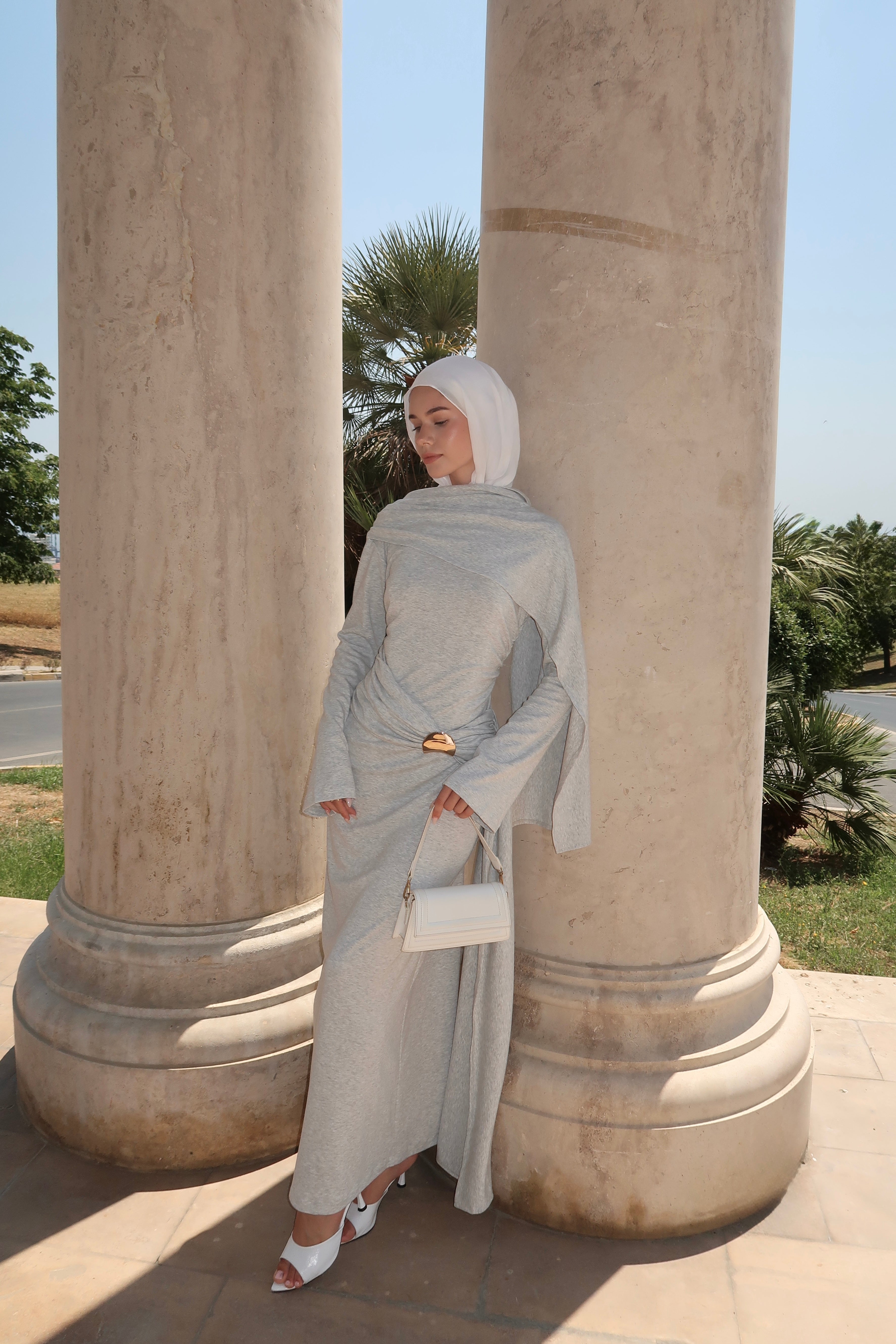 Drape Buckle Maxi Dress-Grey – bemu
