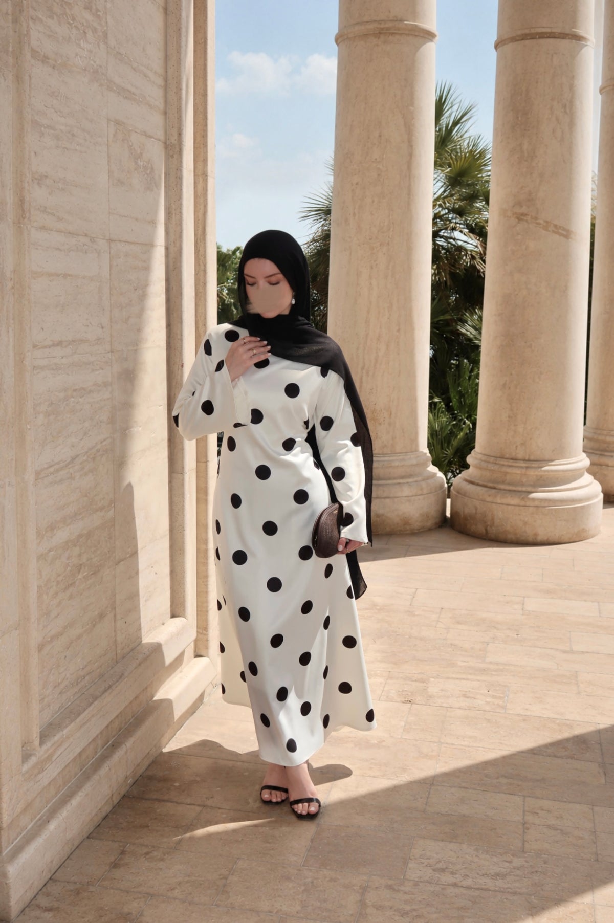 long sleeve polka dot maxi dress Dress-Beige S Color:E28 Draped Venezia High Neck, bust 42” length 57” loop-tilly