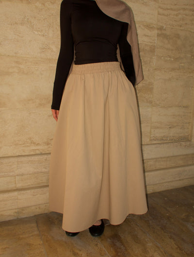 Pleated Cotton Skirt-Beige