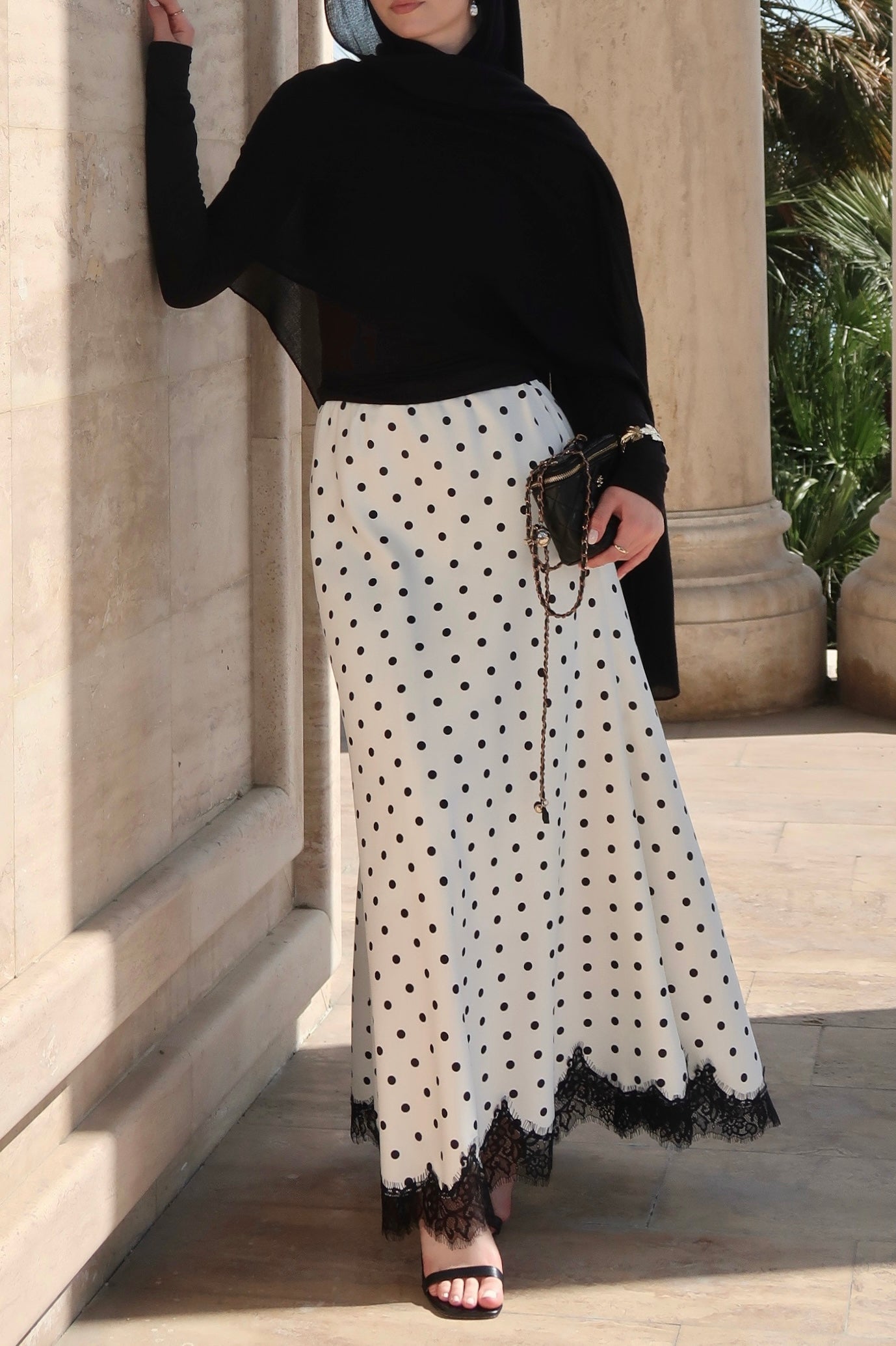 Polka Dot Lace Skirt-Beige