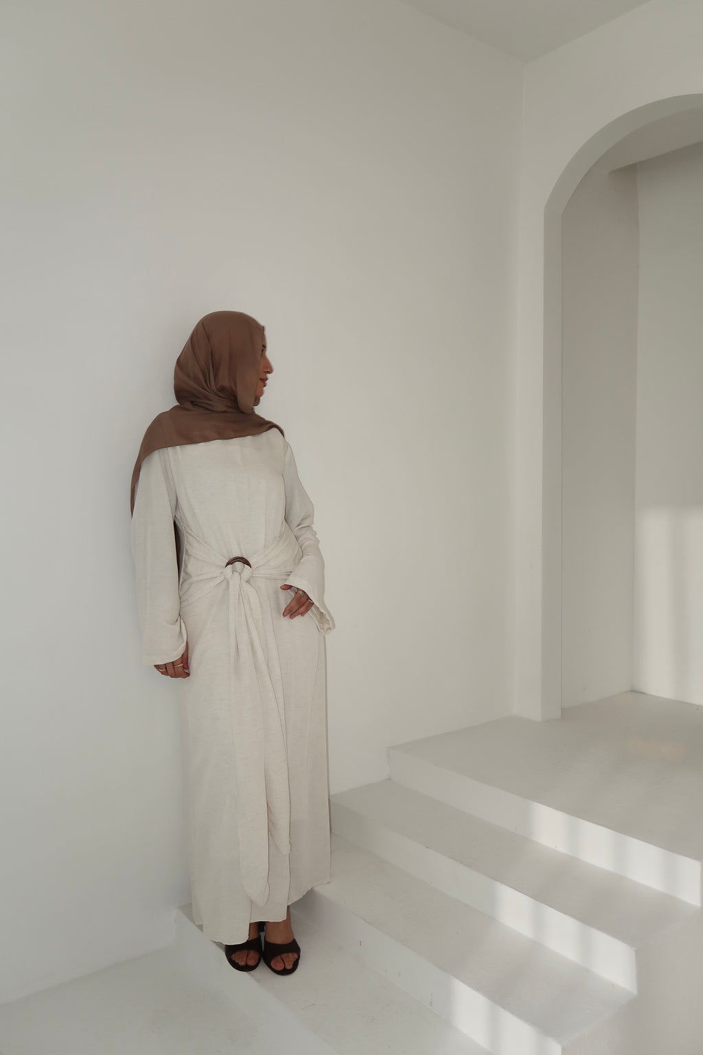 Waist Buckle Dress-Beige