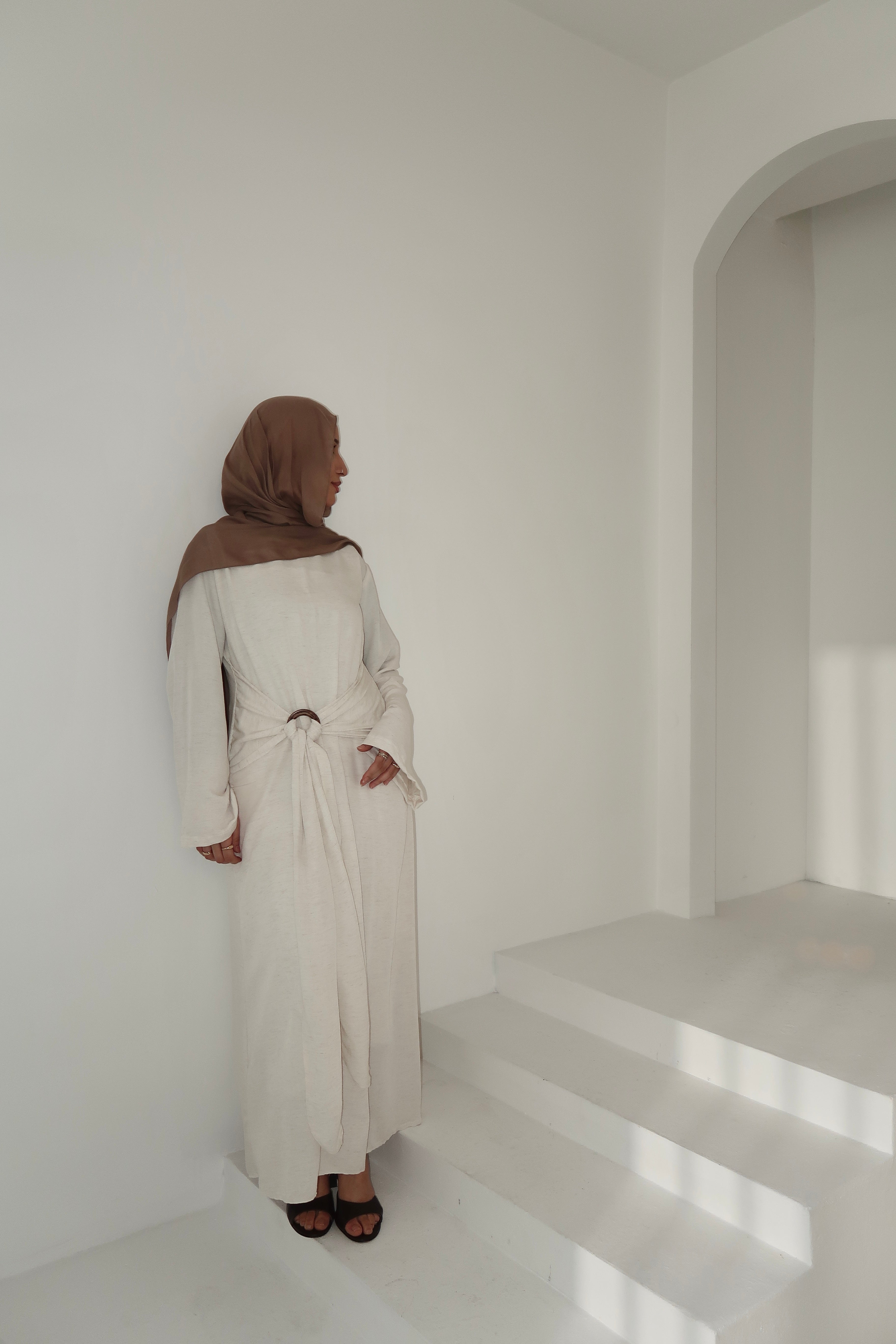 Waist Buckle Dress-Beige