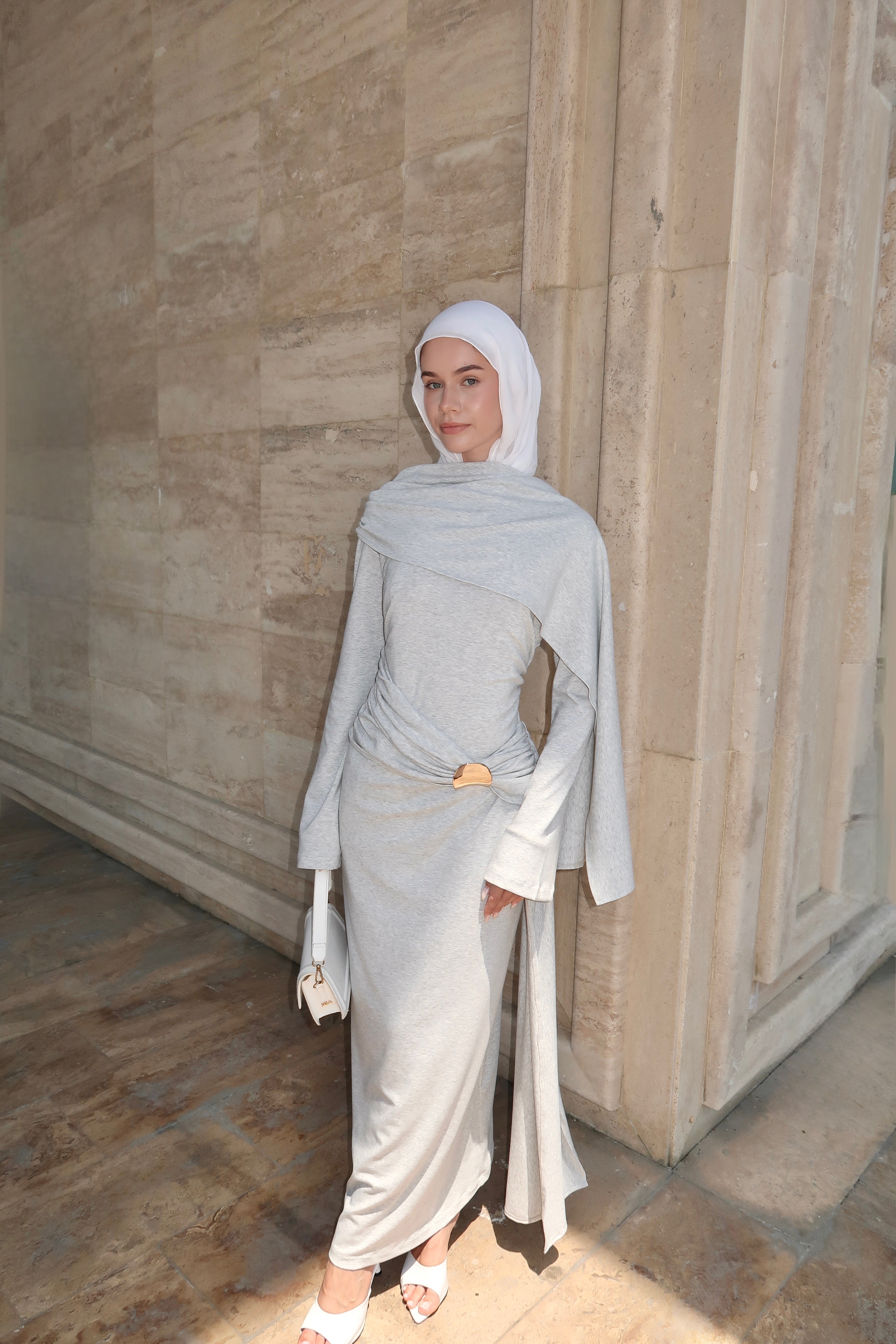 Drape Buckle Maxi Dress-Grey