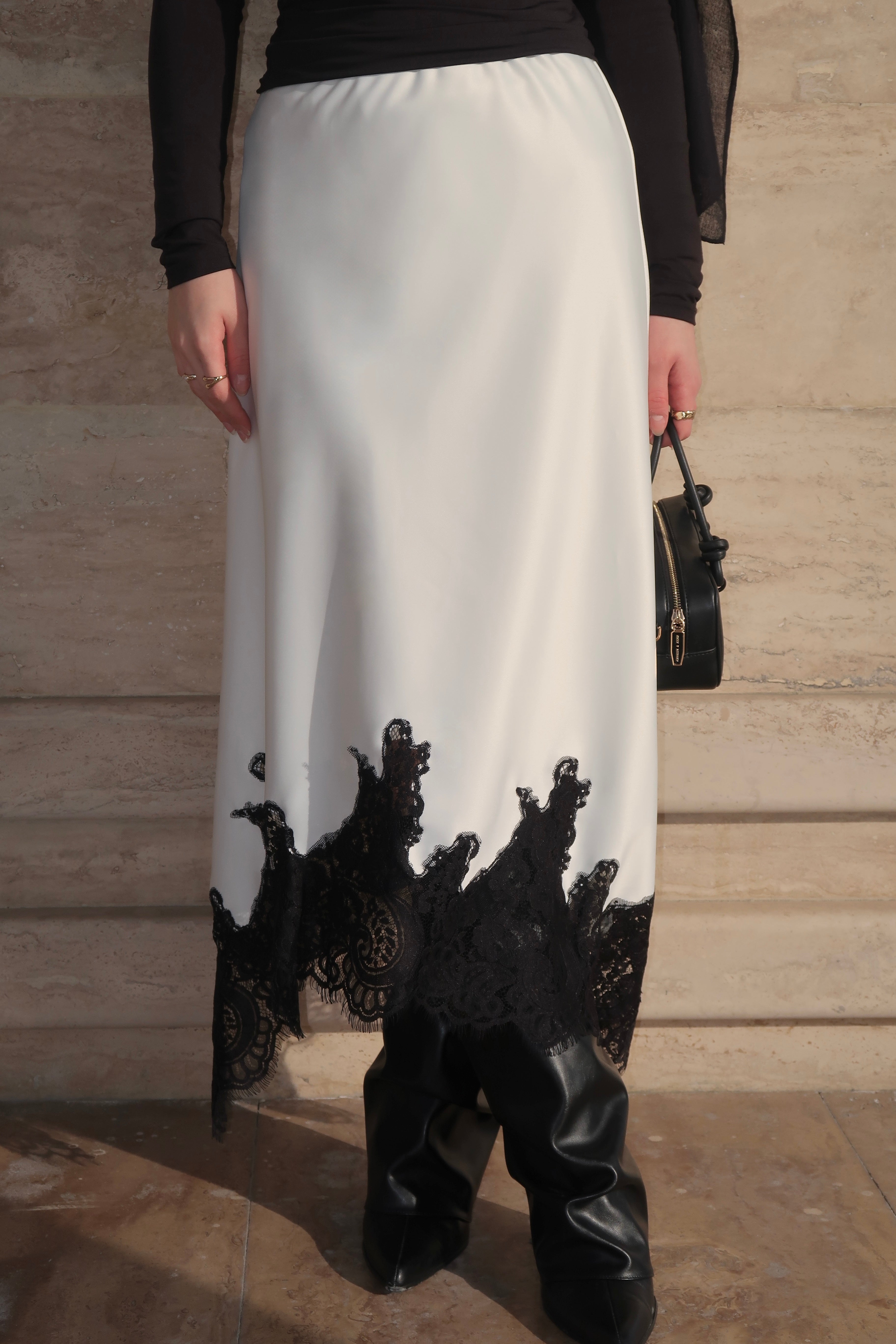 Lace Midi Skirt-Beige